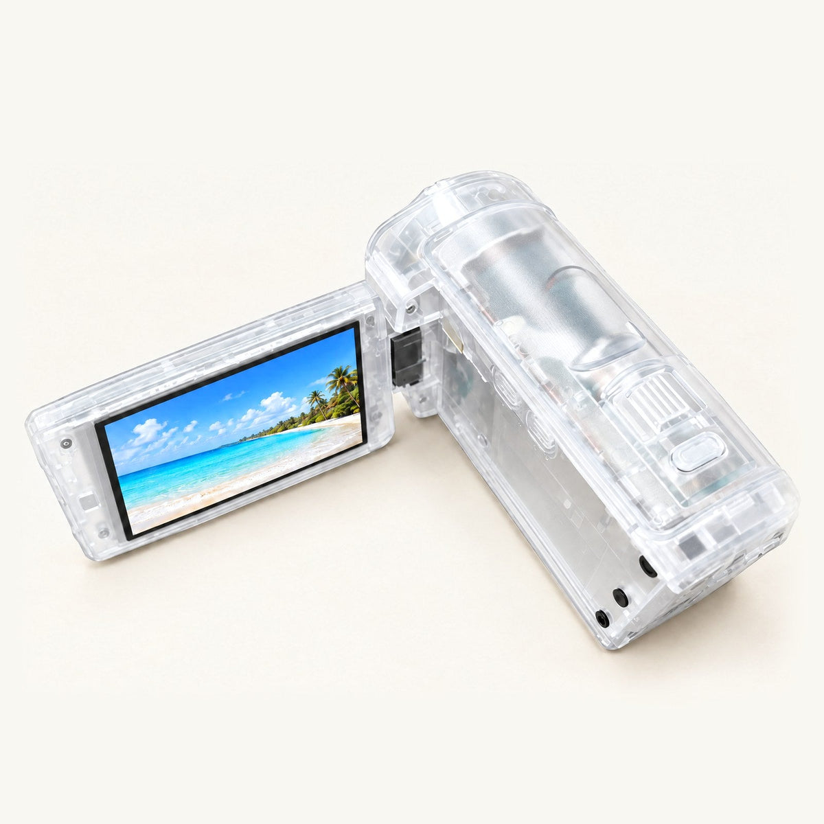 TimeLens Replay white camcorder with the screen open