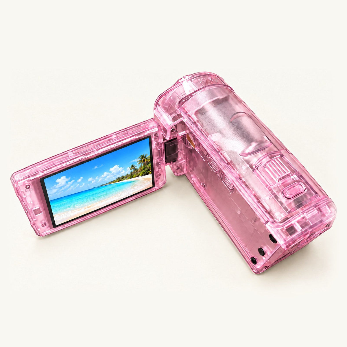 TimeLens Replay pink camcorder with the screen open
