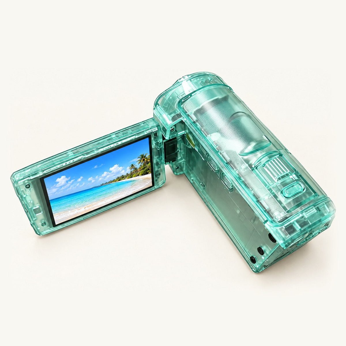 TimeLens Replay sea green camcorder with the screen open